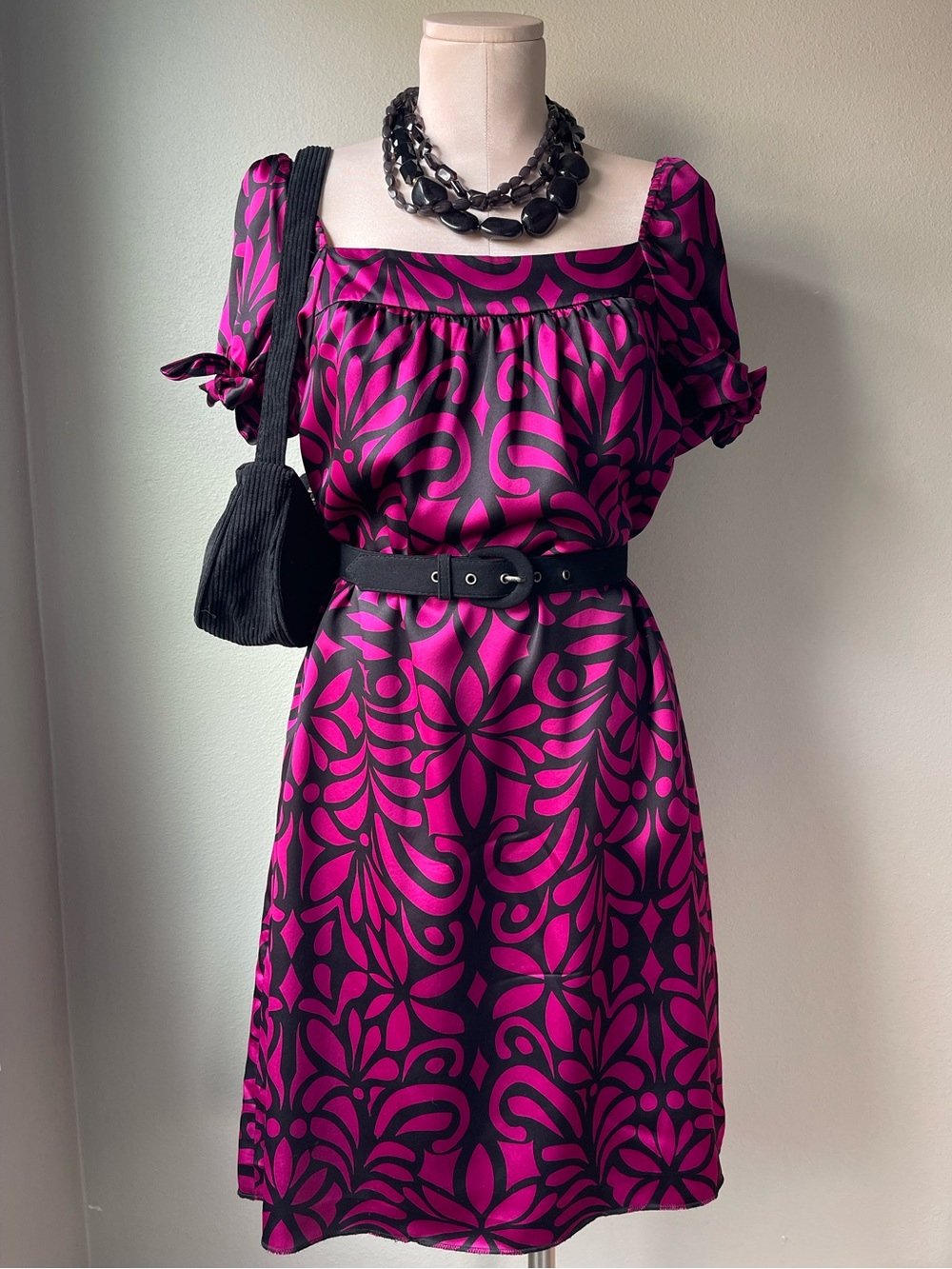 100% Silk Vintage Y2K Shift Babydoll Dress Fucshia Print